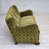 1960s, Danish 3-seater sofa, furniture velour, carved oak wood.