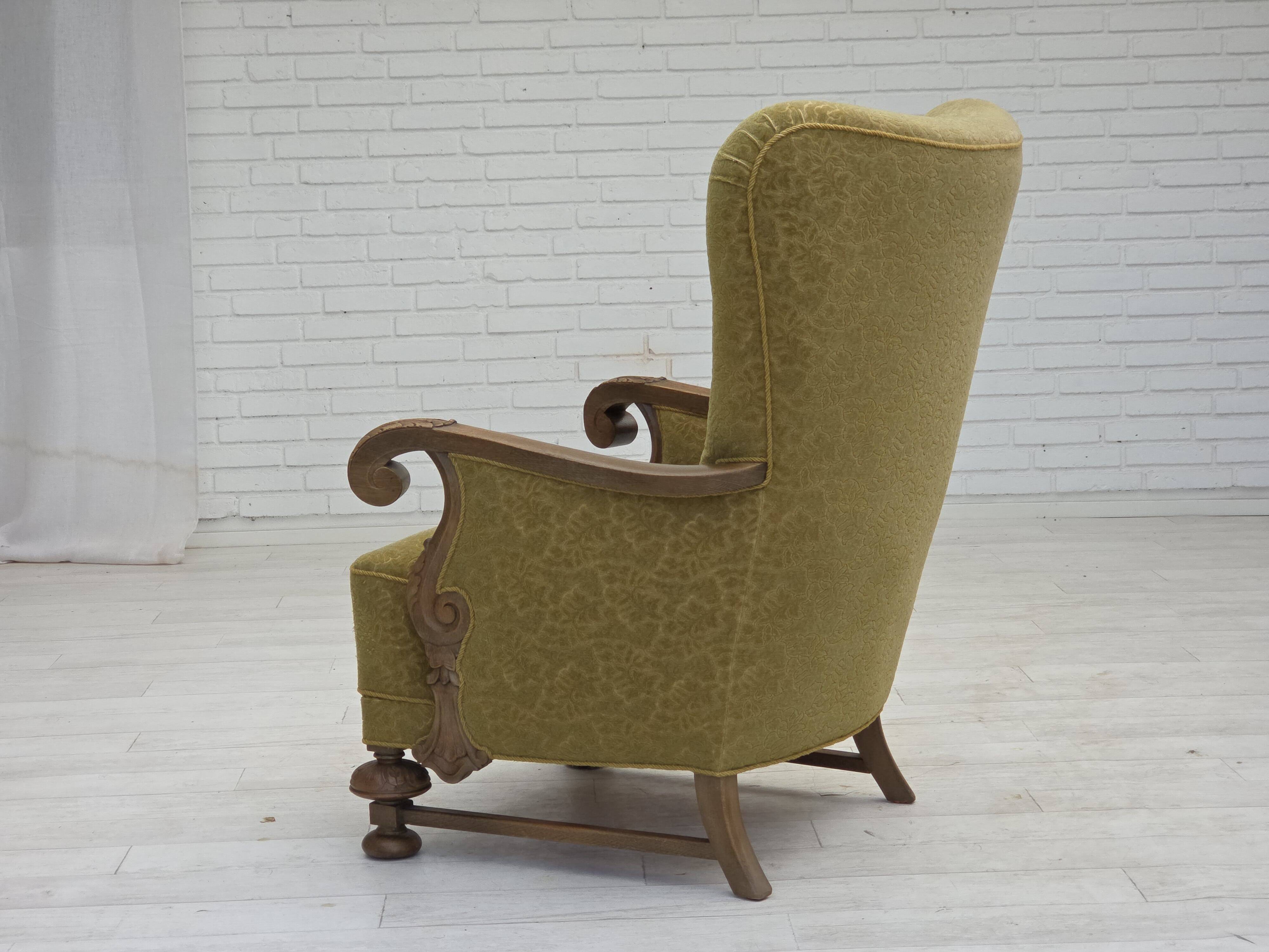1960s, Danish highback armchair, furniture cotton/wool fabric, oak wood.
