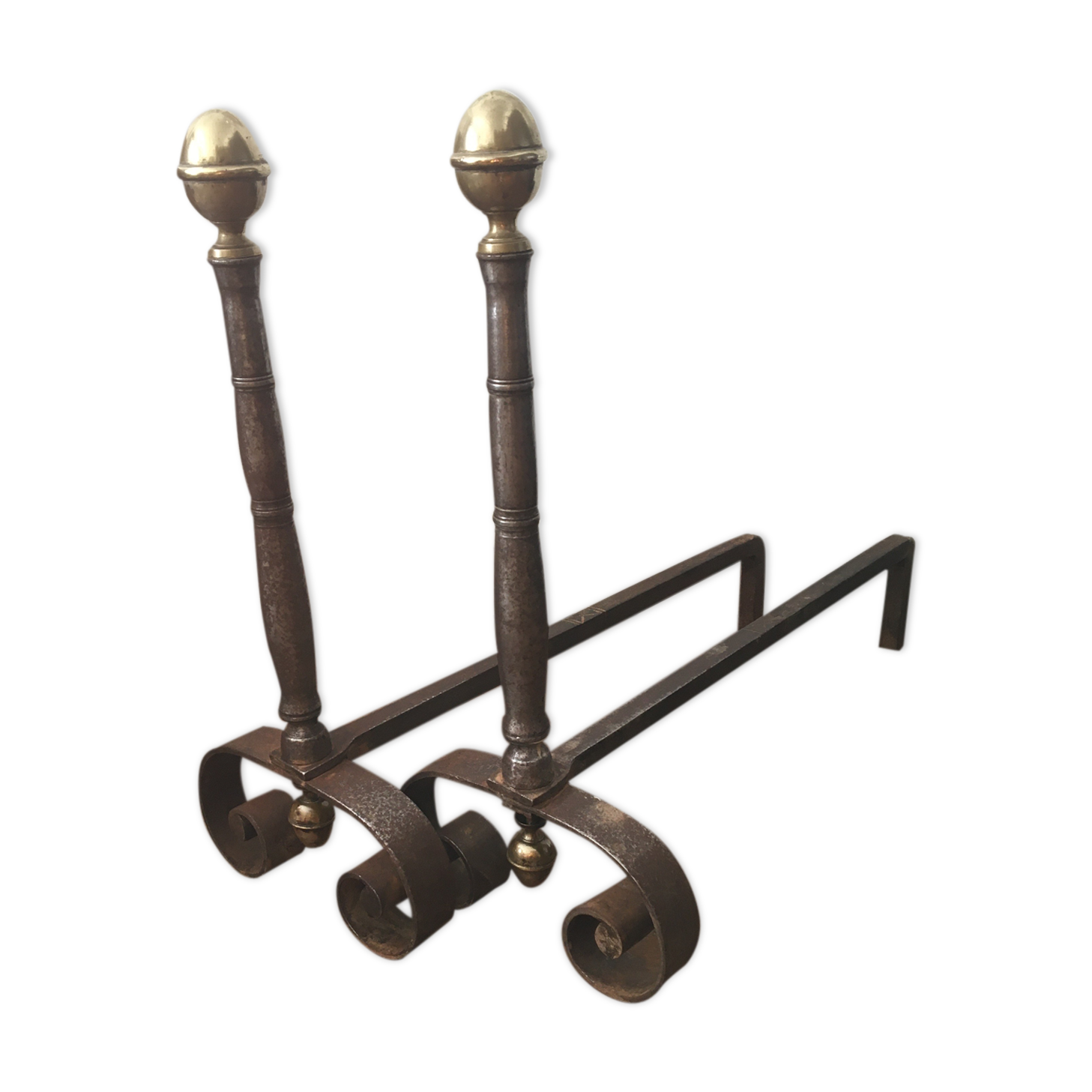 Paire de chenets ancien en fonte et laiton