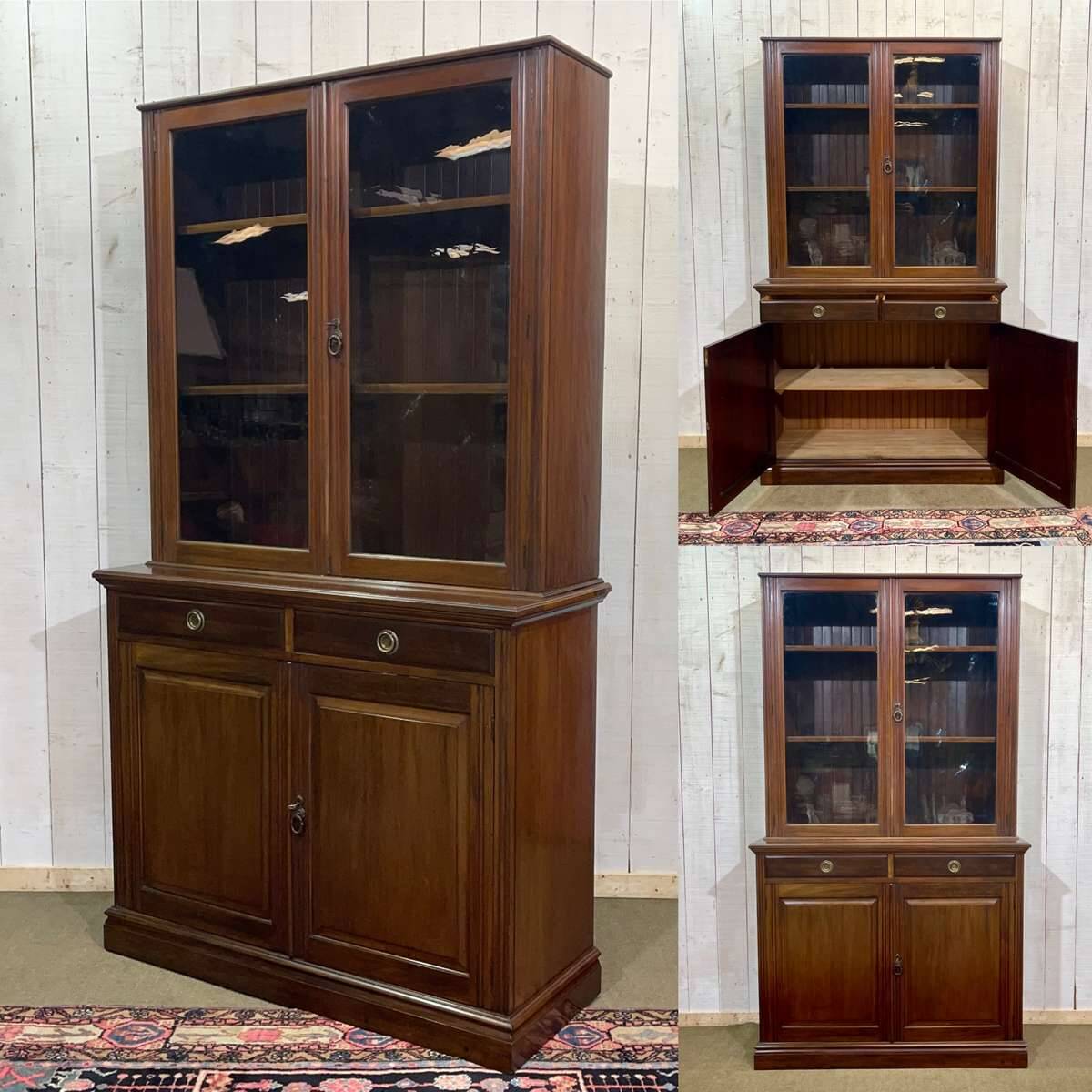 English walnut two-body library from the early 20th century.