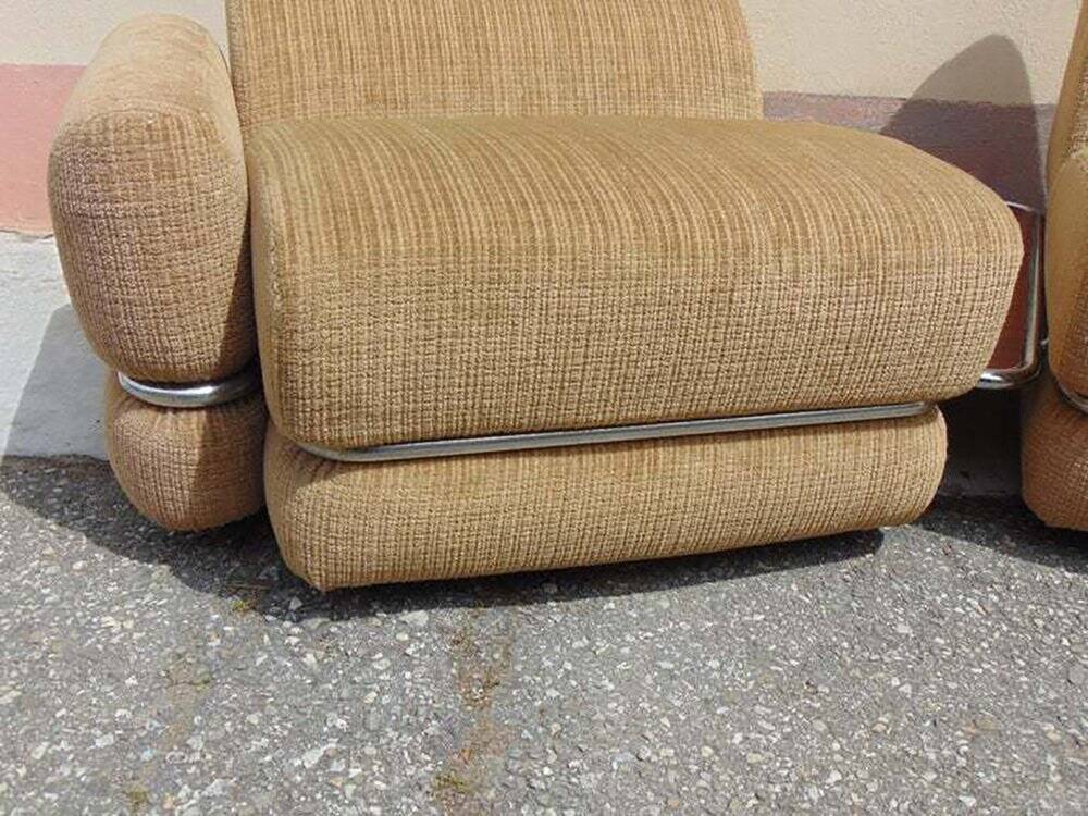 Mid-century Italian modular armchairs in brown fabric and chrome metal, 1960s — set of 3