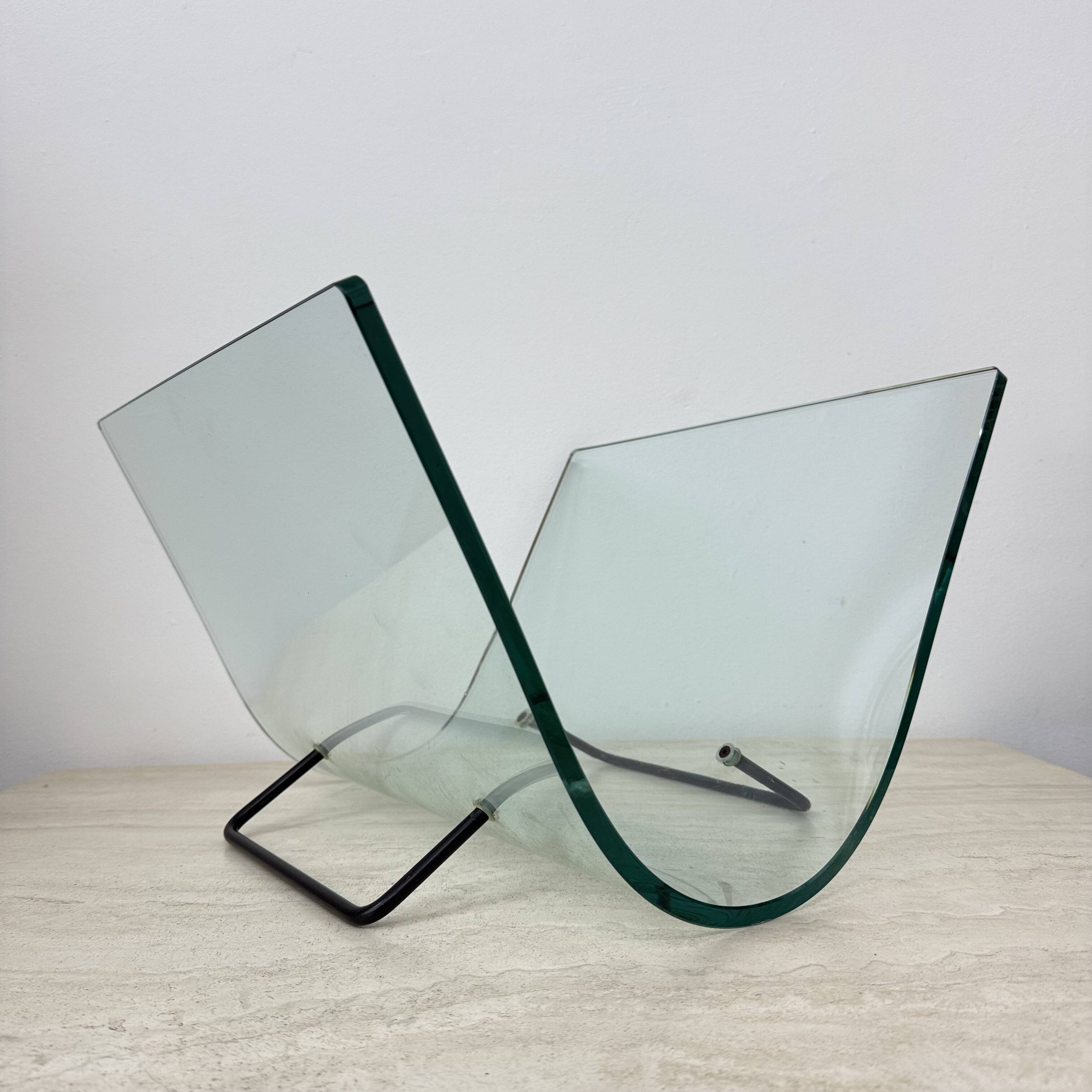 Post modern Fiam Italy curved glass magazine rack , 1980’s