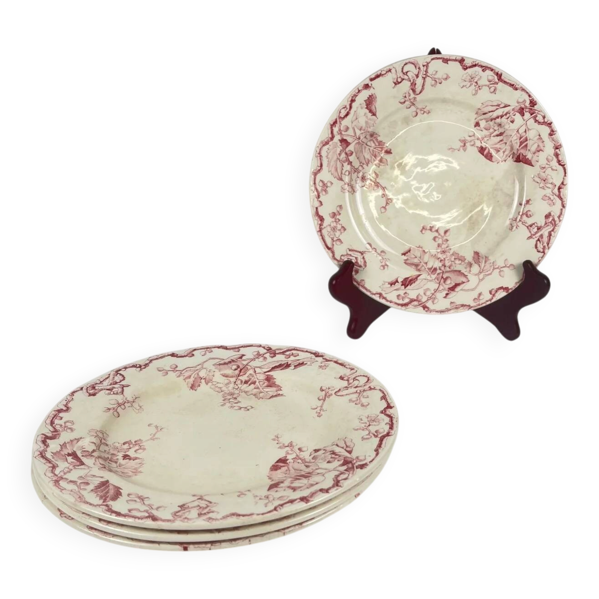 Set of 4 flat plates KG Lunéville Terre de fer, "Fontainebleau", pink, 19th century