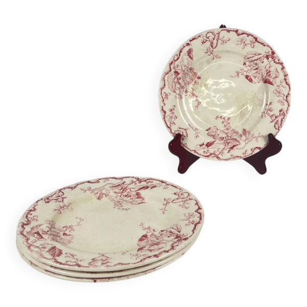 Set de 4 assiettes plates KG Lunéville Terre de fer, ''Fontainebleau'', rose, XIXe siècle