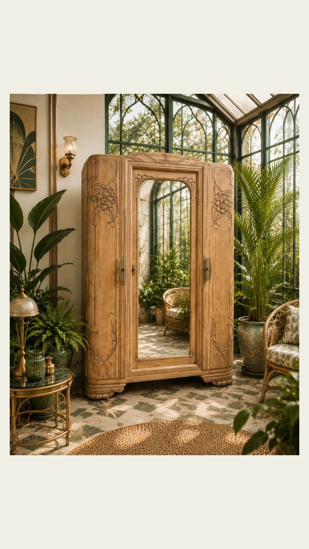 Art Deco wardrobe with bevelled mirror in solid raw walnut.