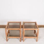 Pair of bedside tables or side tables, in rattan and smoked glass