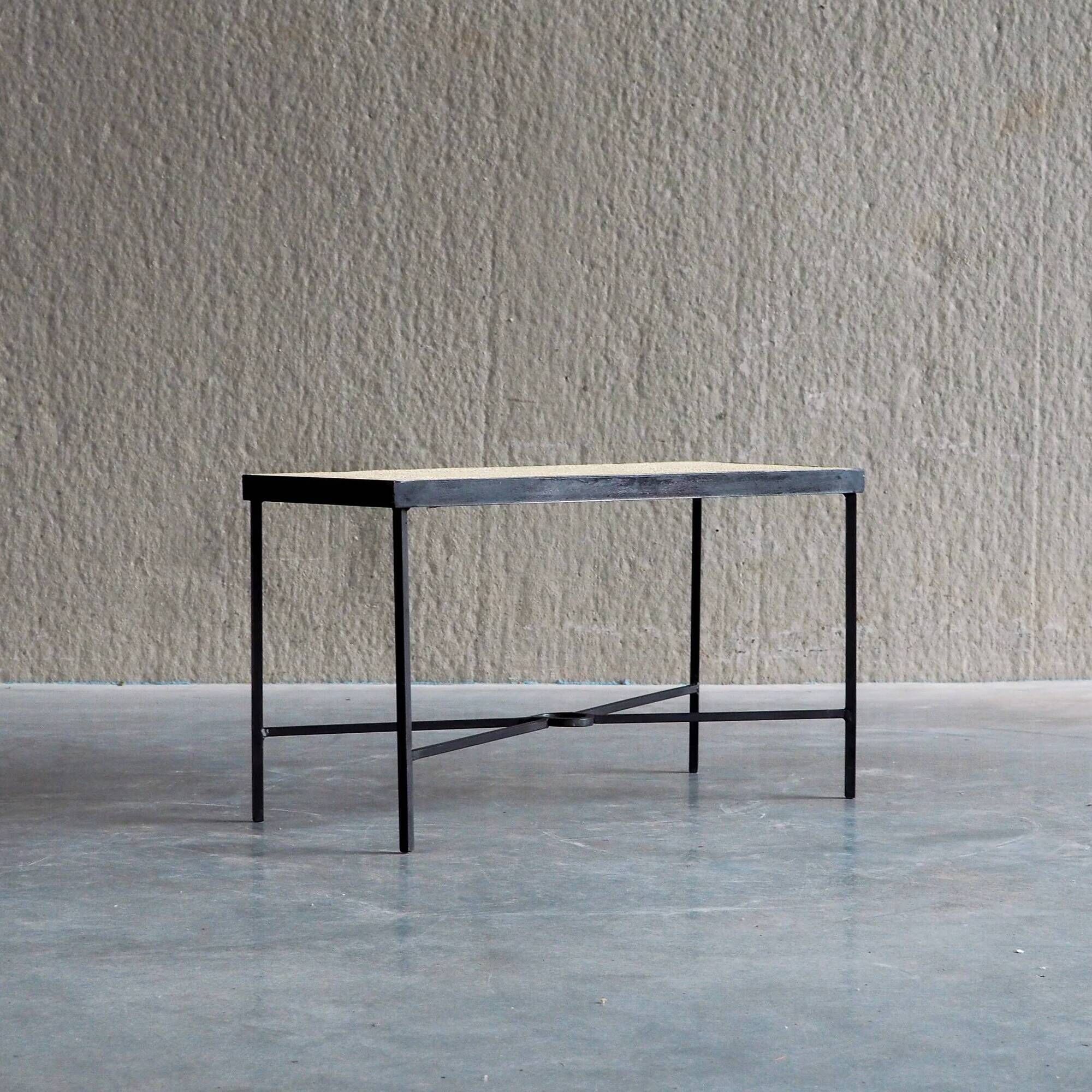 Set of 2 minimalist metal side tables with plaster-fiber tops