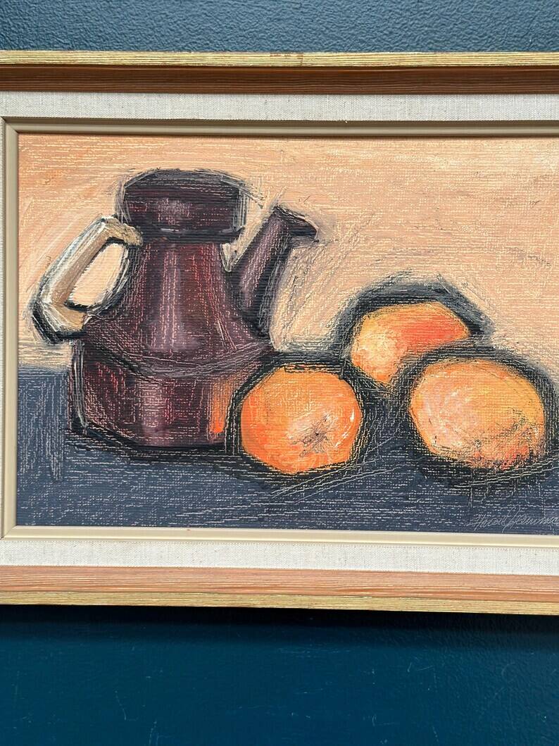 Original Swedish Oil on Panel – "Kattle and Oranges" by Herald – Signed – Dated 1966 – Framed Vintage Piece