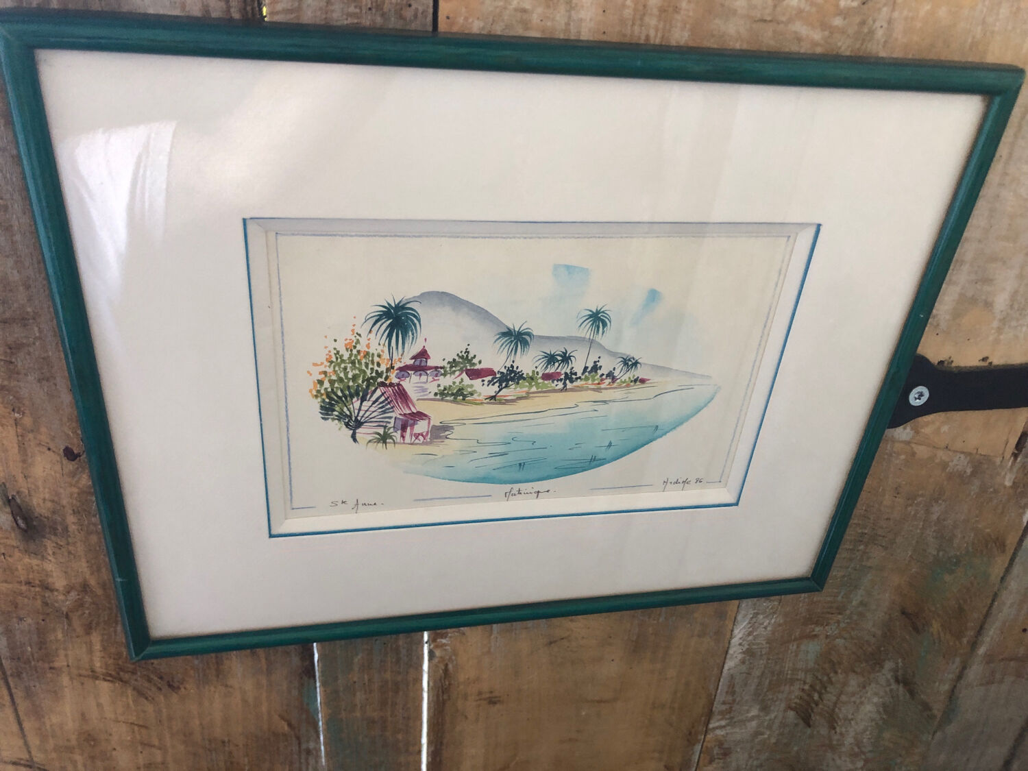 Watercolor painting nadine martinique st anne + wood frame #a224