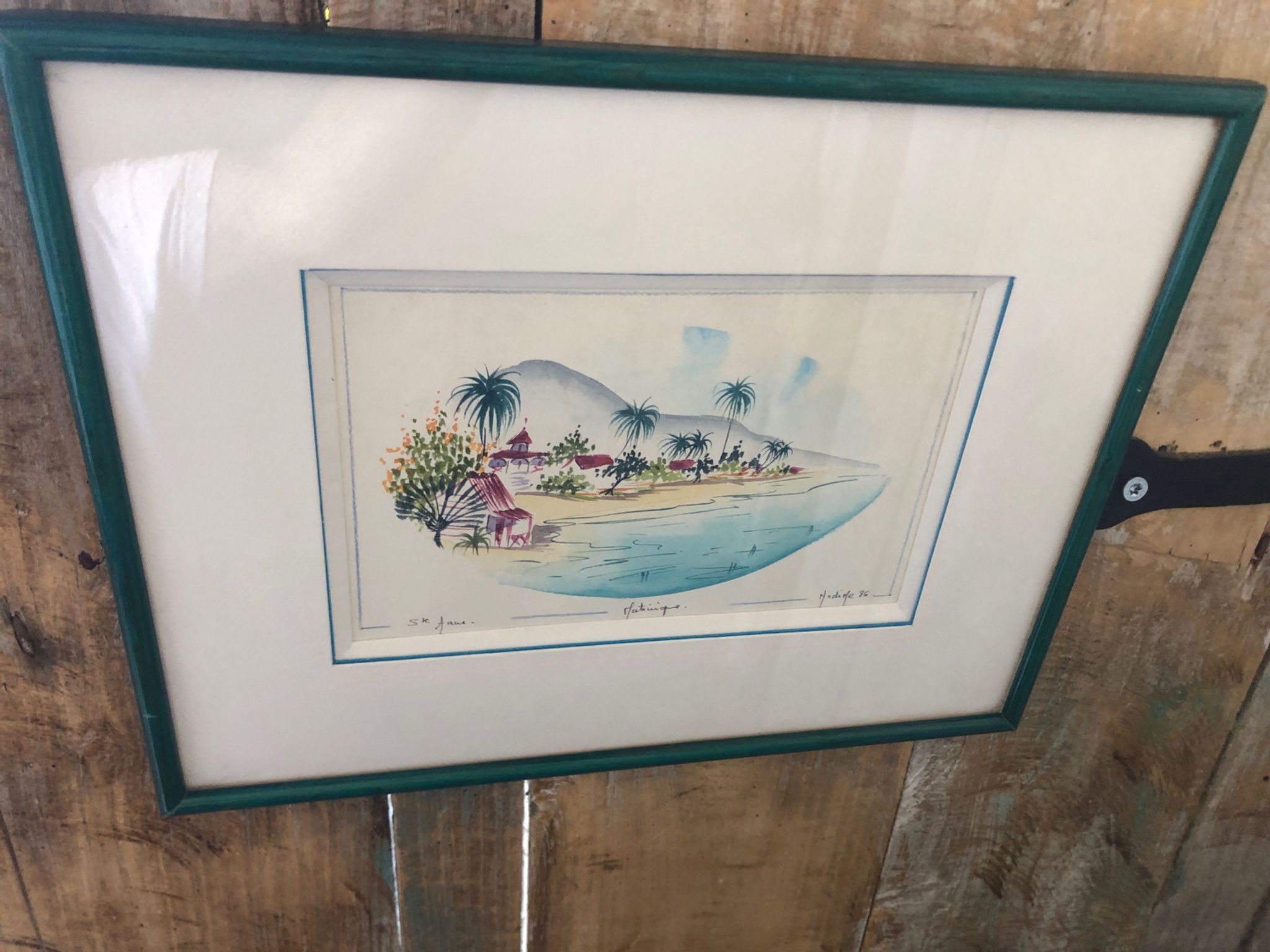 Watercolor painting nadine martinique st anne + wood frame #a224