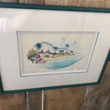 Watercolor painting nadine martinique st anne + wood frame #a224