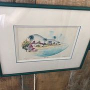 Watercolor painting nadine martinique st anne + wood frame #a224
