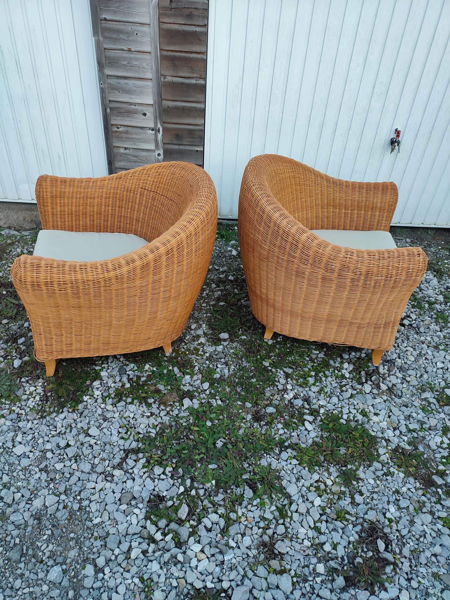 Pair armchairs wicker table Living room veranda vintage