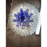 Large Transparent and Blue "Tronchi" Murano Glass Chandelier in Venini Styl