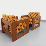 Pair of vintage walnut and velvet fabric sleigh armchairs from the 70s