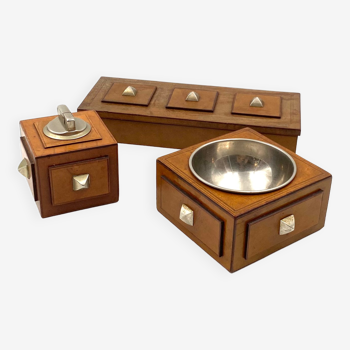 Smoking Set, parchment, wood and brass ashtray, table lighter and cigars box, France 1950