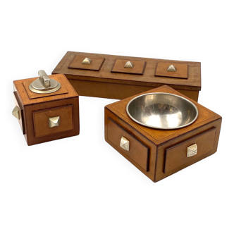 Smoking Set, parchment, wood and brass ashtray, table lighter and cigars box, France 1950