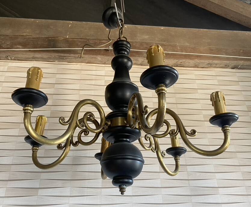 Wood and brass pendant light, black and gold, vintage, 60s.