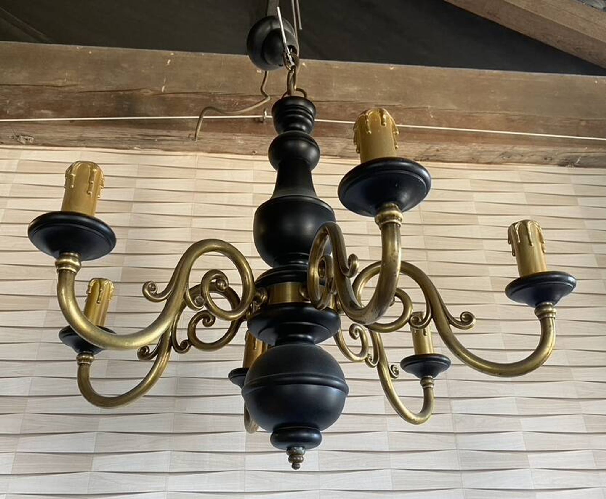 Wood and brass pendant light, black and gold, vintage, 60s.