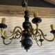 Wood and brass pendant light, black and gold, vintage, 60s.