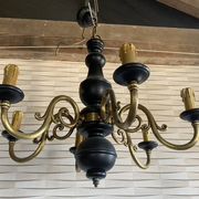 Wood and brass pendant light, black and gold, vintage, 60s.