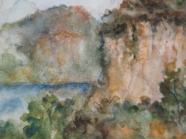 Gilbert Pastor : Sommet enneigé derrière une colline, aquarelle originale signée