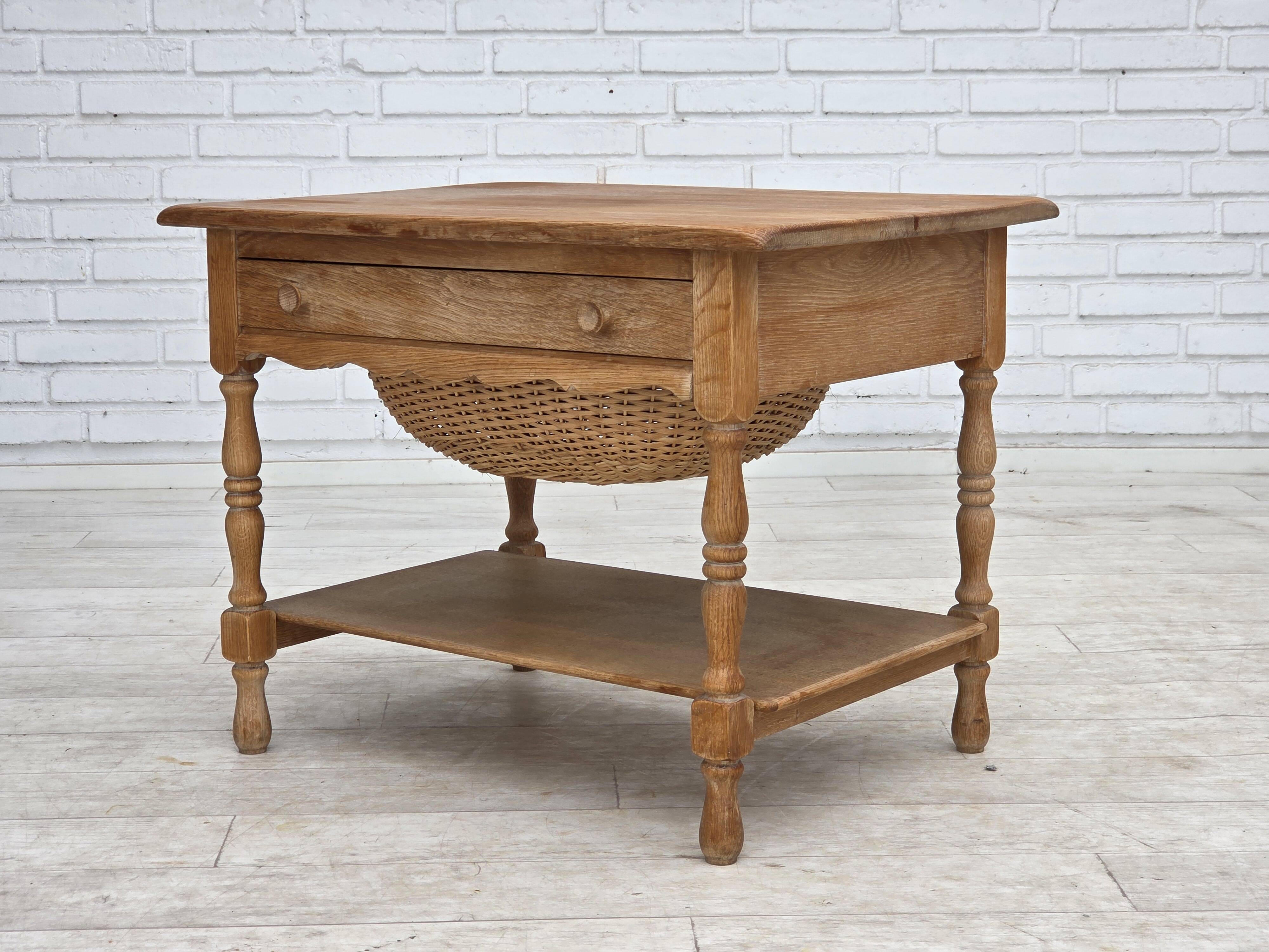 1970s, Scandinavian side table with drawers, solid oak wood, rattan.