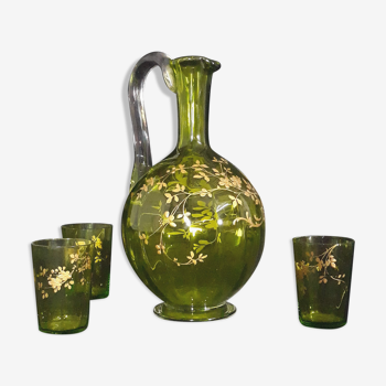 Small carafe and green glass drop glasses with rococo golden emailed decor