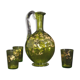 Small carafe and green glass drop glasses with rococo golden emailed decor