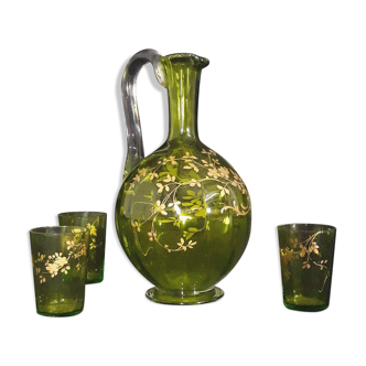 Small carafe and green glass drop glasses with rococo golden emailed decor
