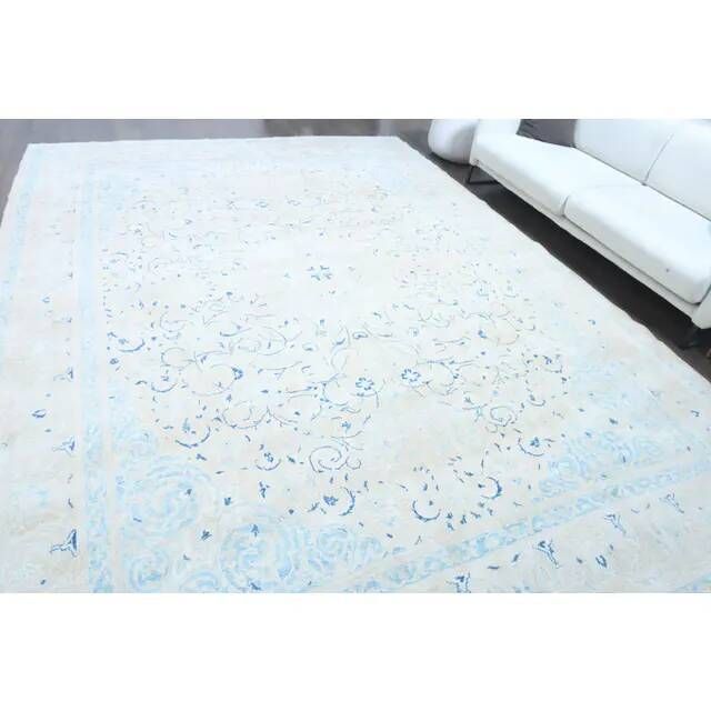 1970s Vintage Persian Handmade Wool Cotton Light Blue Area Rug 291x397