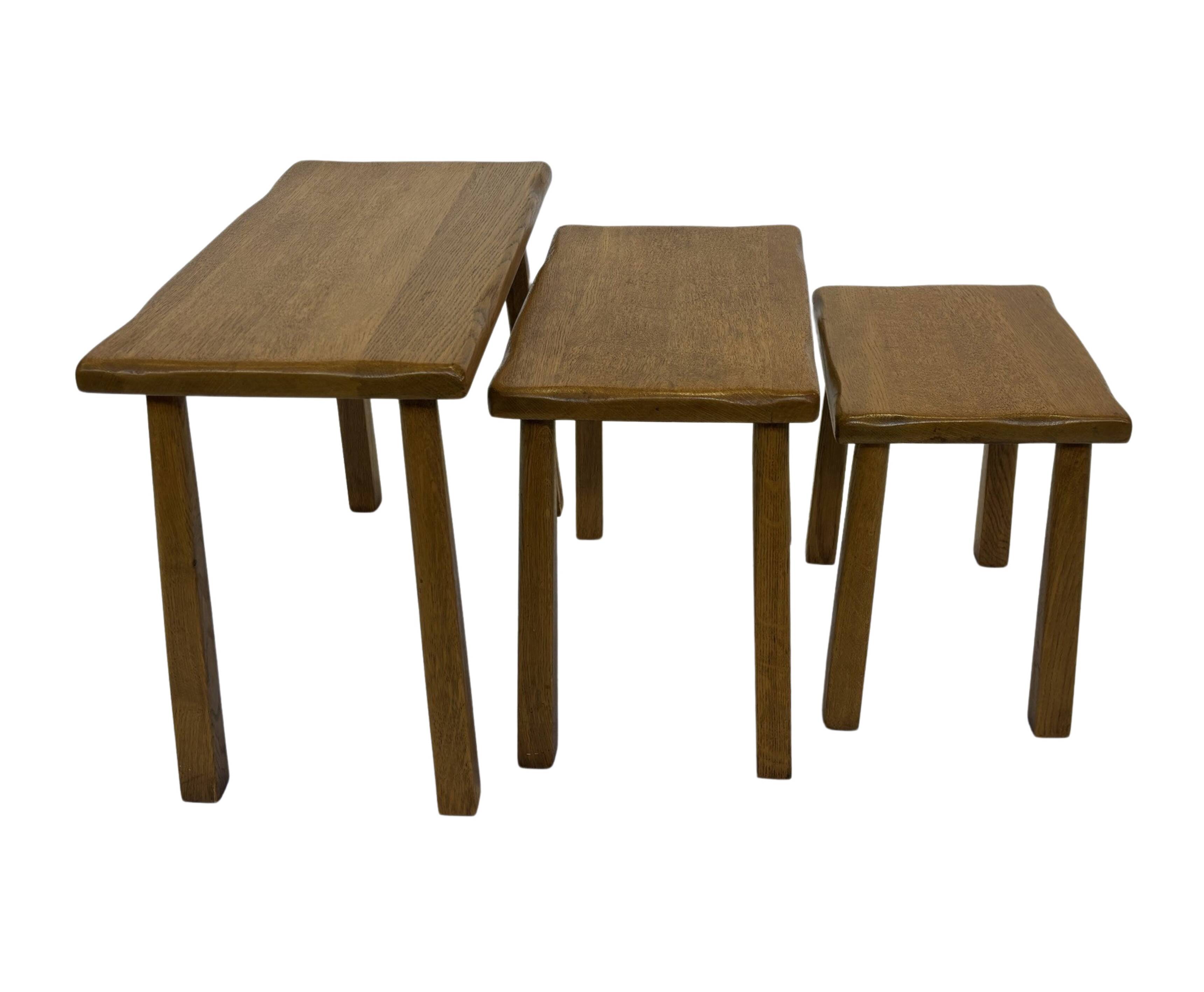 Vintage Set of 3 brutalist oak side or nesting tables 1970s