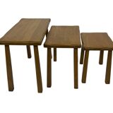 Vintage Set of 3 brutalist oak side or nesting tables 1970s