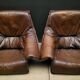 Pair of Vintage Brutalist armchairs from the 60s in leather and solid oak