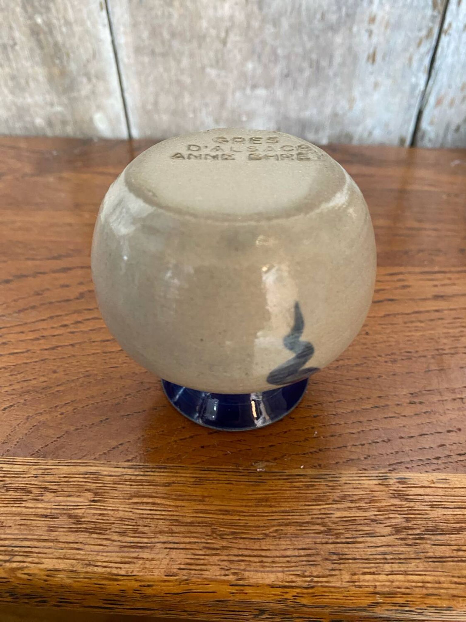 Antique alsace vase anne ehret grey blue stoneware vintage flower decor