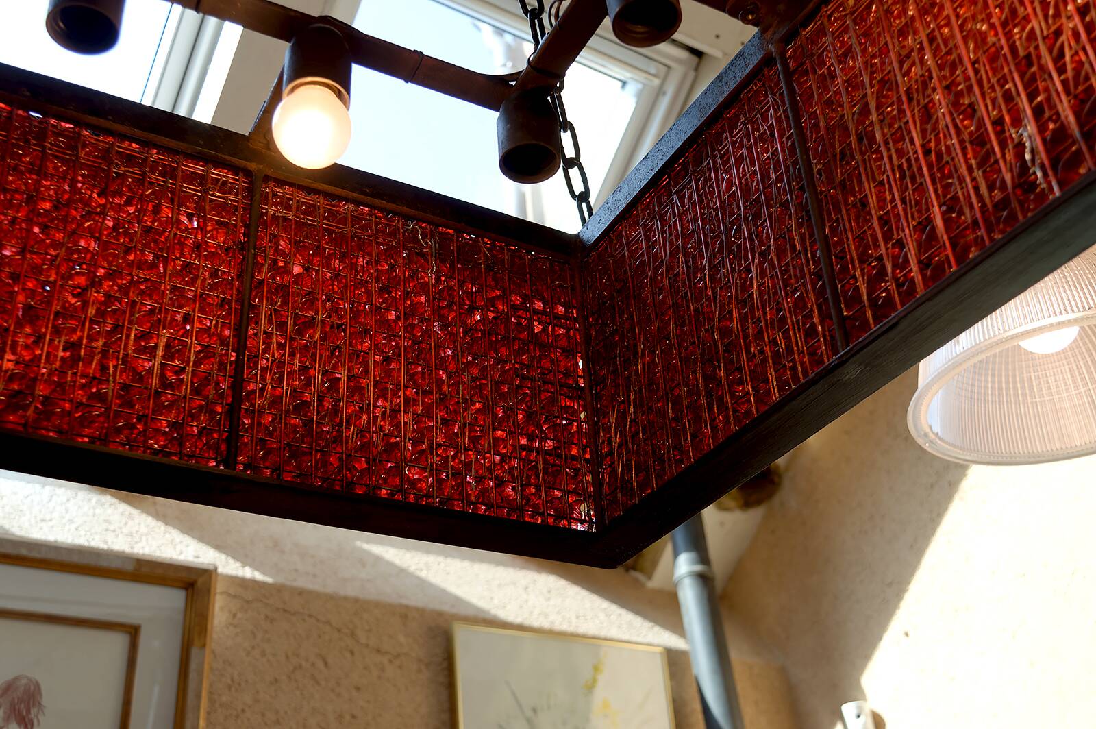 Important Red Glass Bead Chandelier, Murano, Brutalism, c. 1970