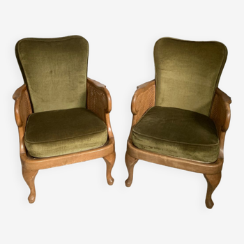 Cane armchair and velvet fabrics