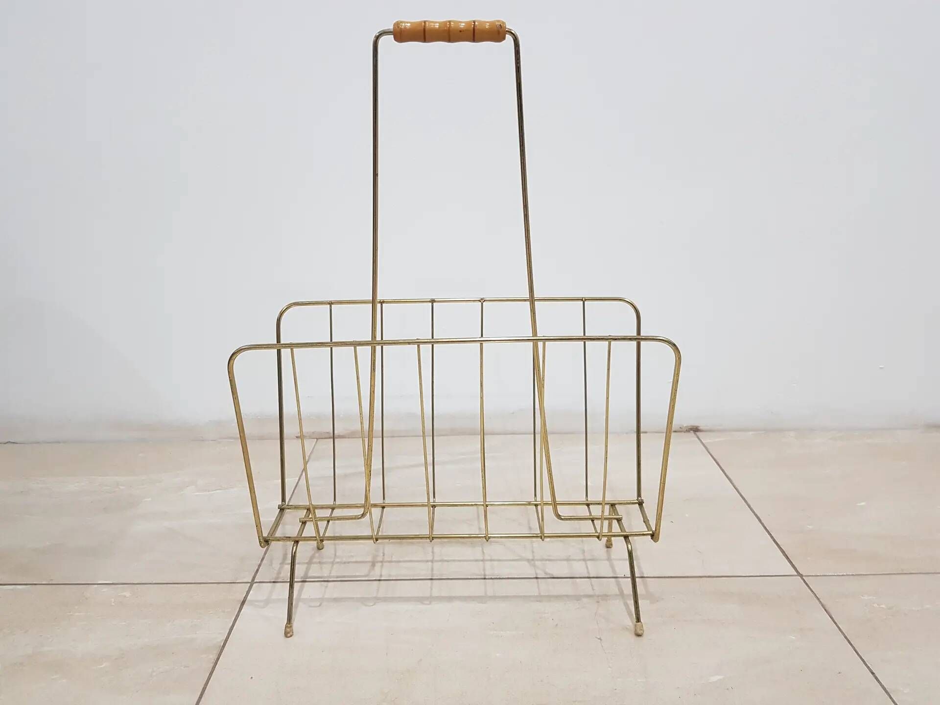 Magazine rack, gold metal, brown wood, Germany, 1970s