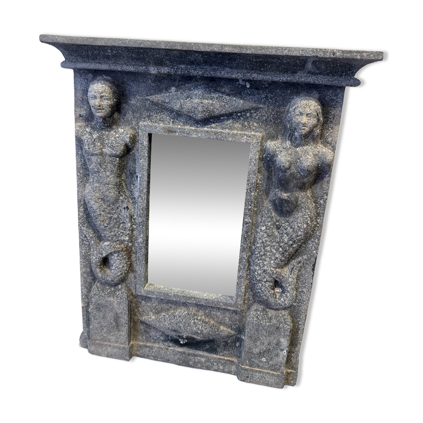 Antique mirror in sculpted slate with caryatids – 19th century