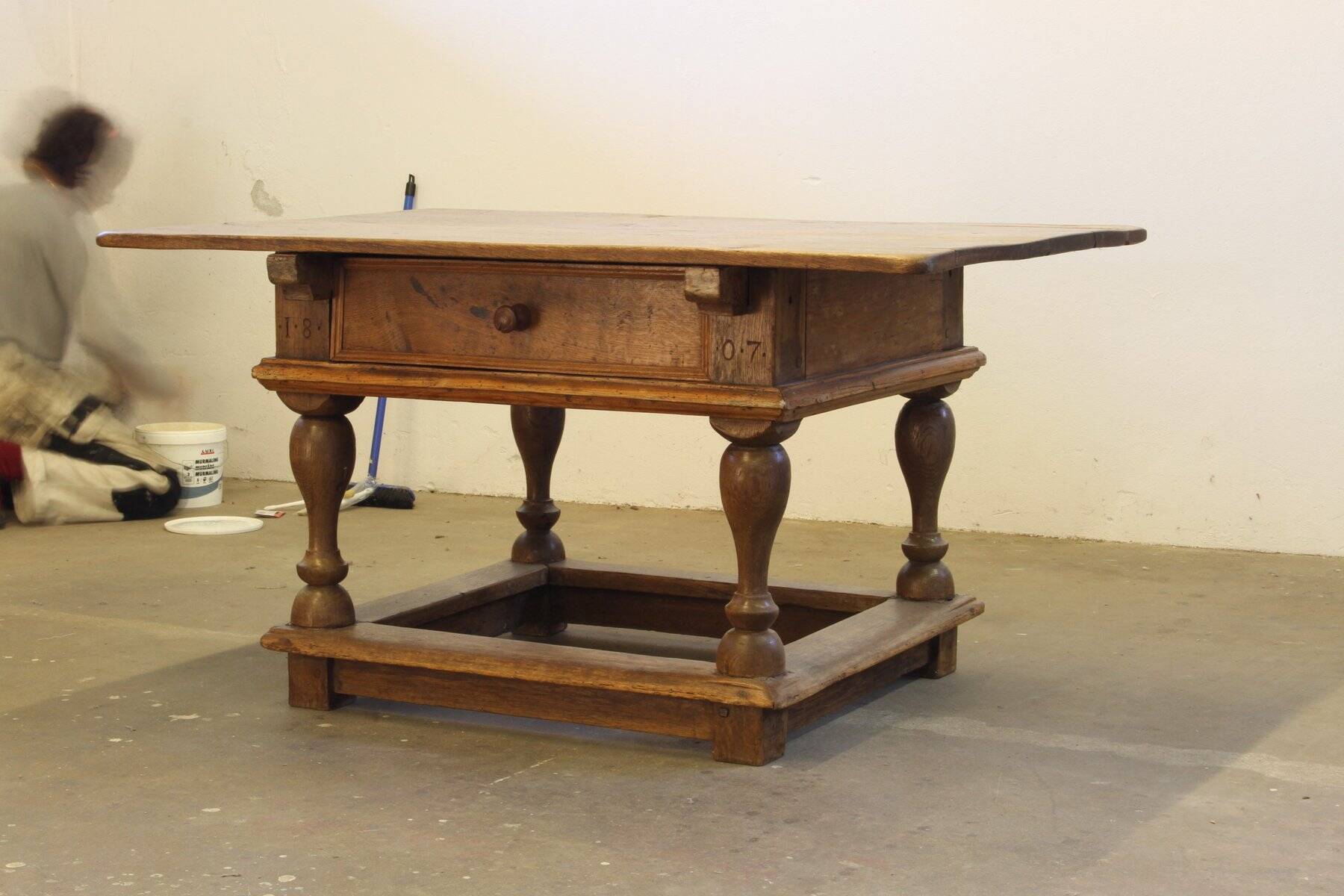 Antique Nordic Baroque Oak Table, Dated 1807