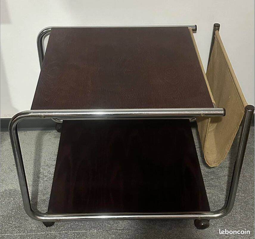 1970s/80s coffee table on casters with metal tubing, light-colored door