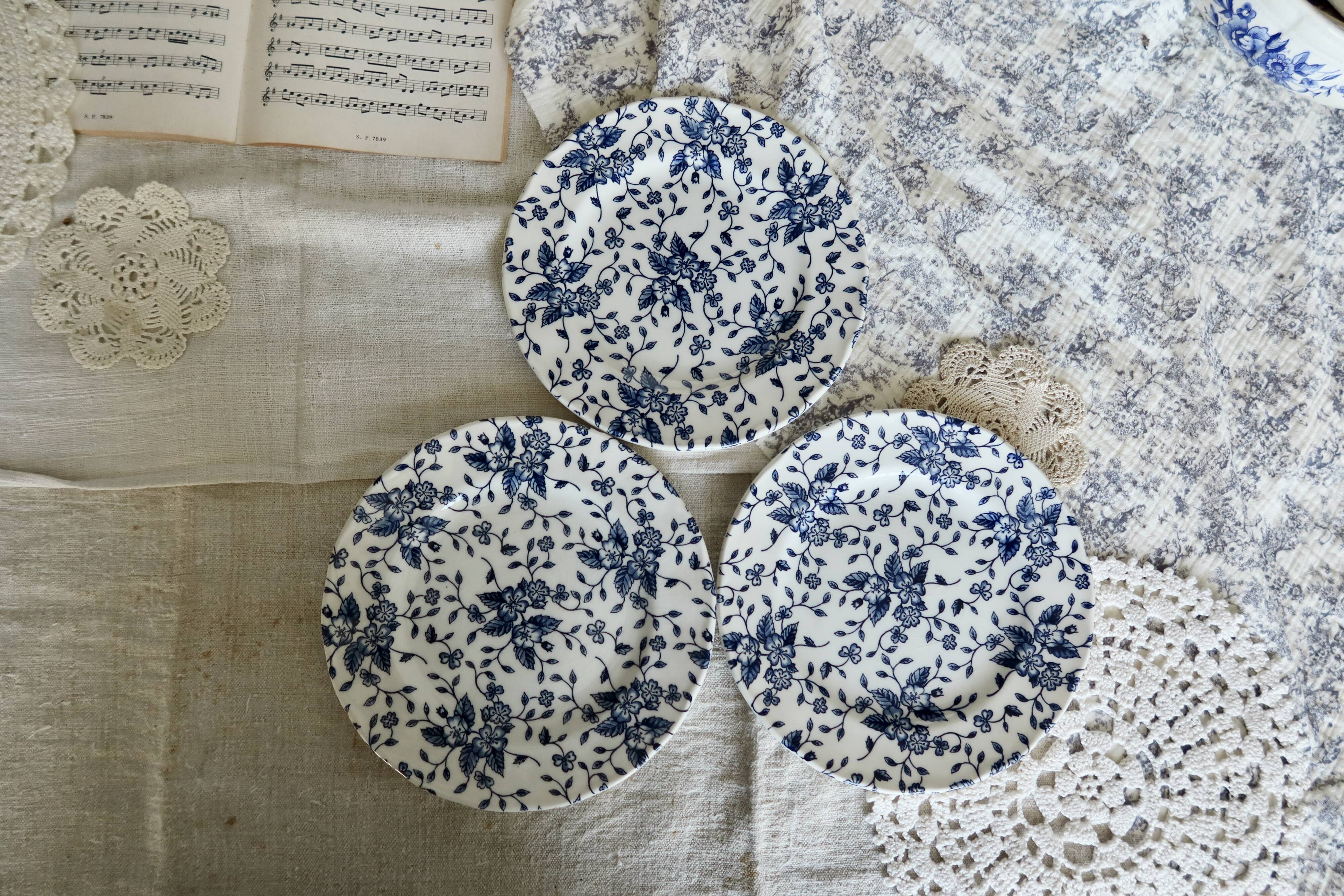 3 assiettes à dessert vintage anglaises Royal Tudor modèle bouquet bleu