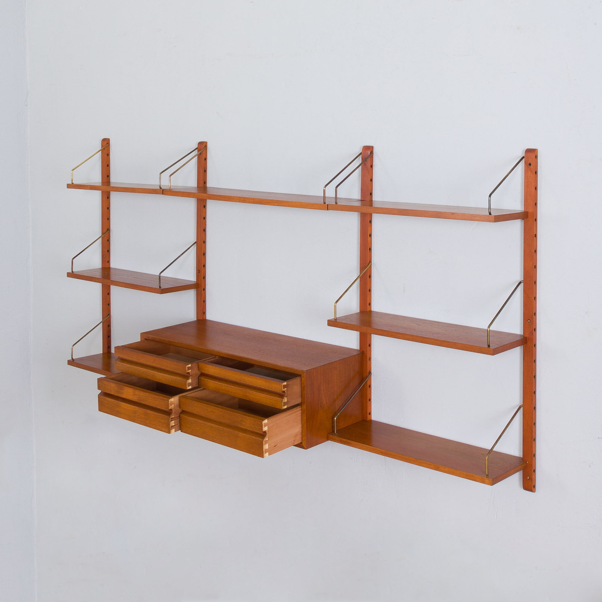 Poul Cadovius Teak dresser Wall Unit With a chest of drawers And 7 Shelves, Denmark 1960s