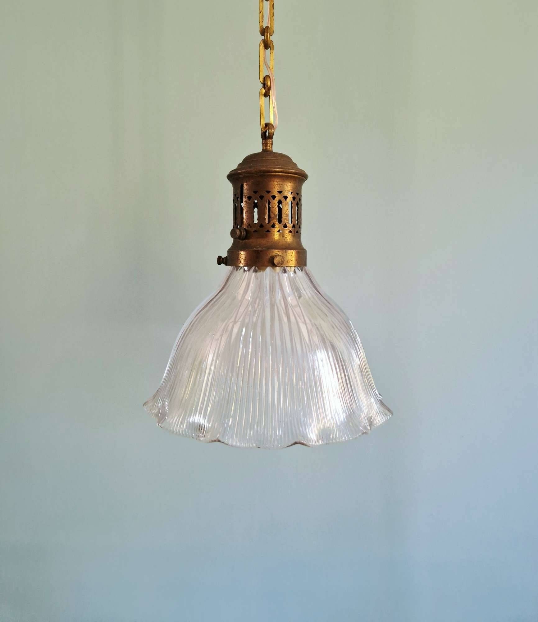 Large Holophane pendant light in clear ribbed glass, 1920-30.