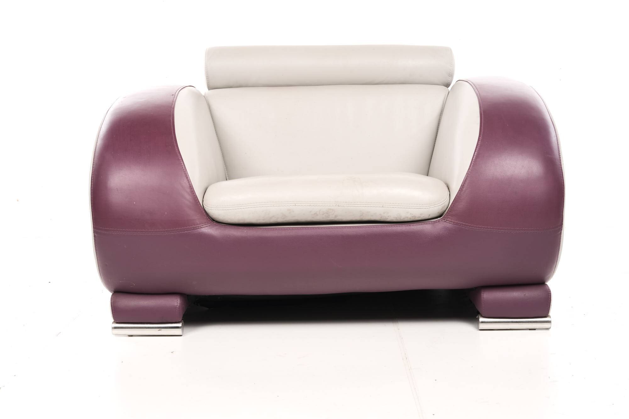 Leather armchair, hotel lounge, purple and gray, vintage
