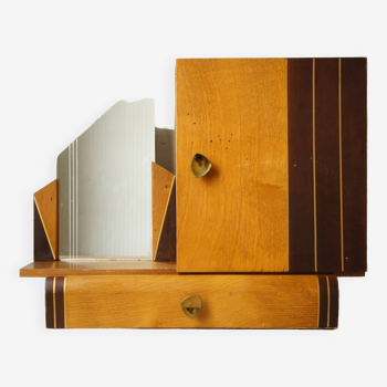 Asymmetrical art deco wall cabinet, drawer & mirror