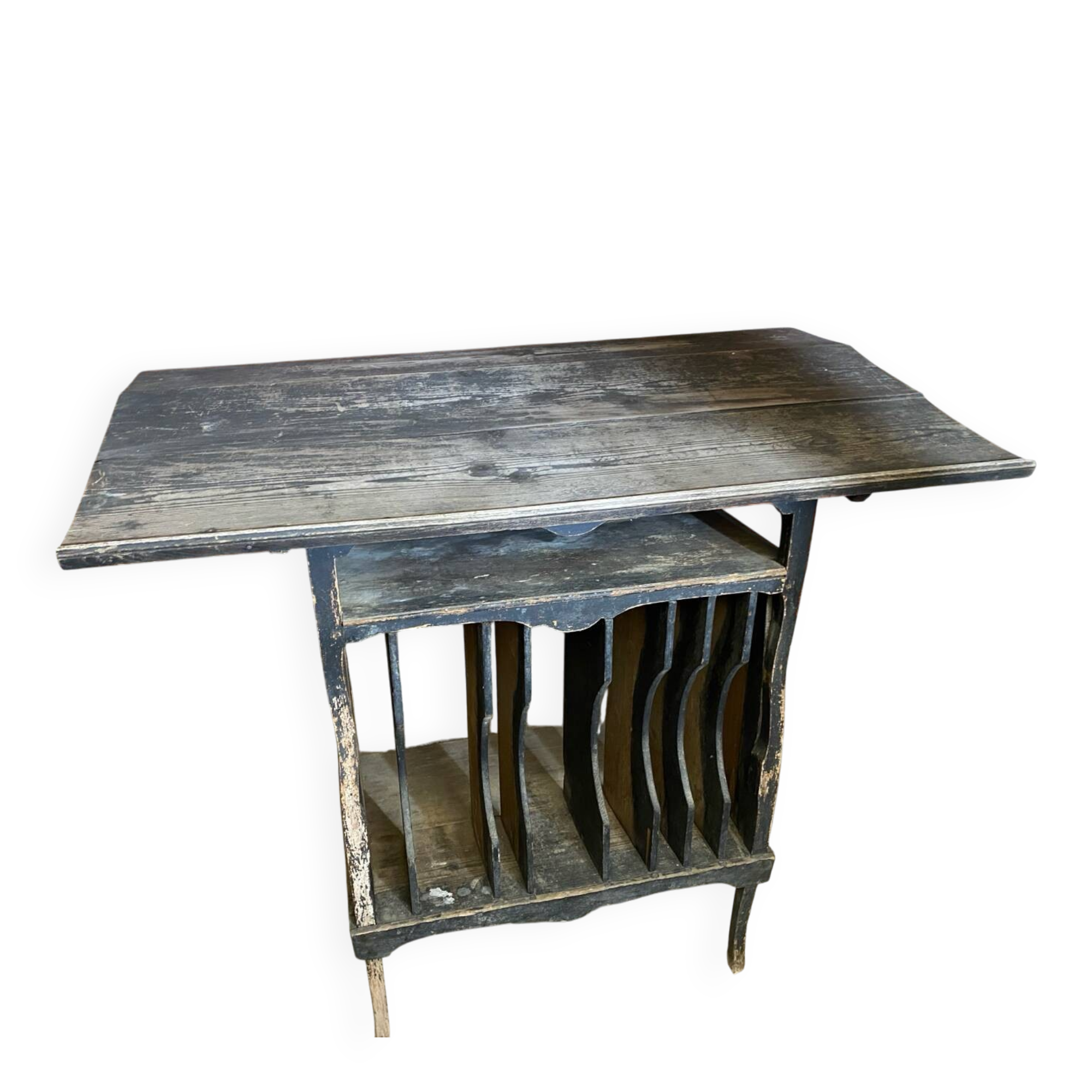 Antique writing desk, blackened wooden filing cabinet.