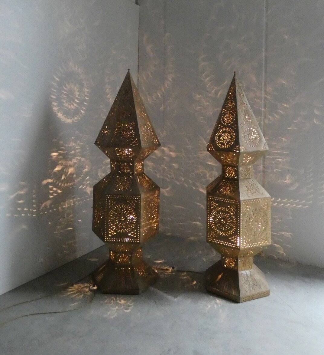 Large openwork metal floor lamps, Morocco, 1980s, set of 2
