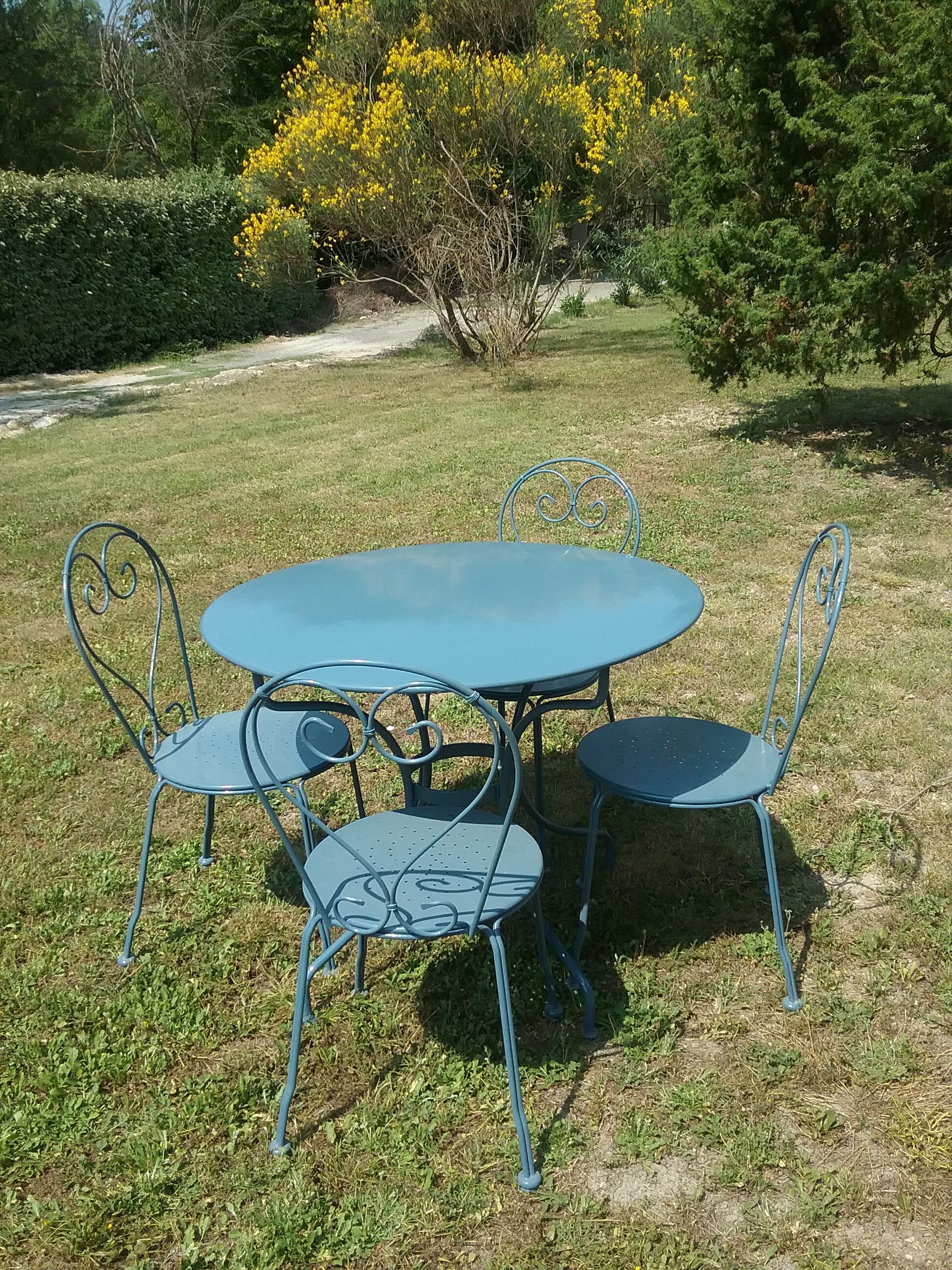 Salon de jardin en fer forgé bleu