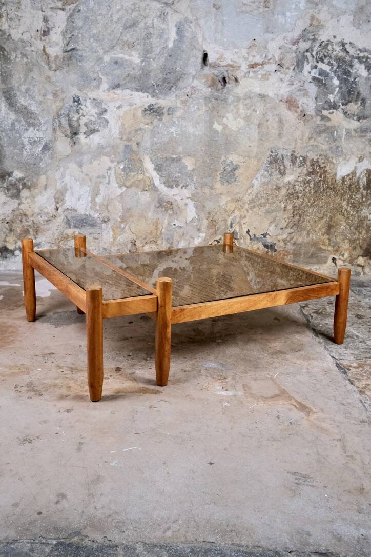 Cane and smoked glass coffee table, France, 1980.